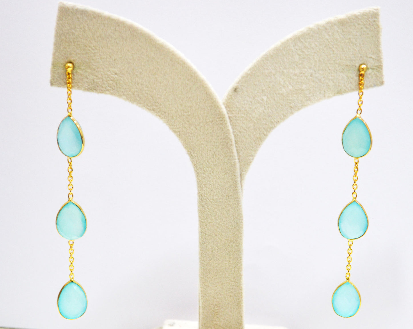 Aqua Chalcedony Fancy Shape Earrings , Aqua Chalcedony Pear Shape Gold Plated Brass Post Earrings , Women Earrings , 11x15 mm , RB-7438