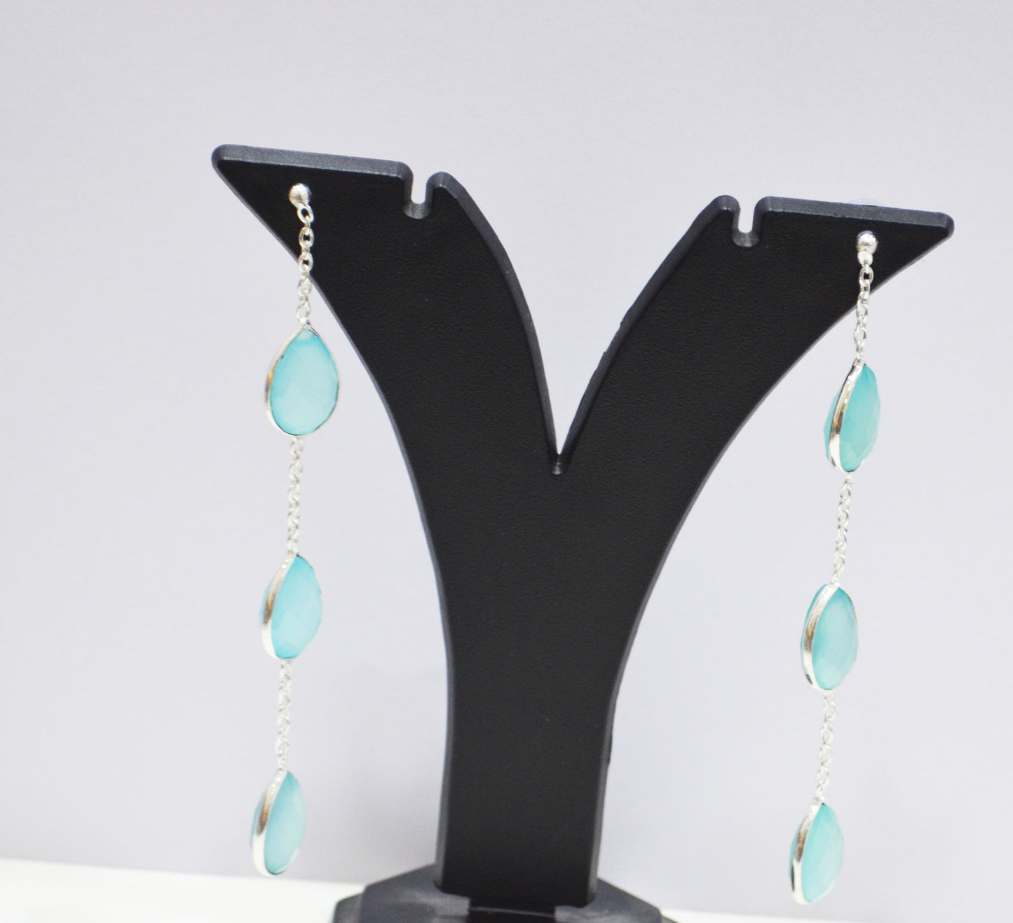 Aqua Chalcedony Fancy Shape Earrings , Aqua Chalcedony Pear Shape Gold Plated Brass Post Earrings , Women Earrings , 11x15 mm , RB-7438