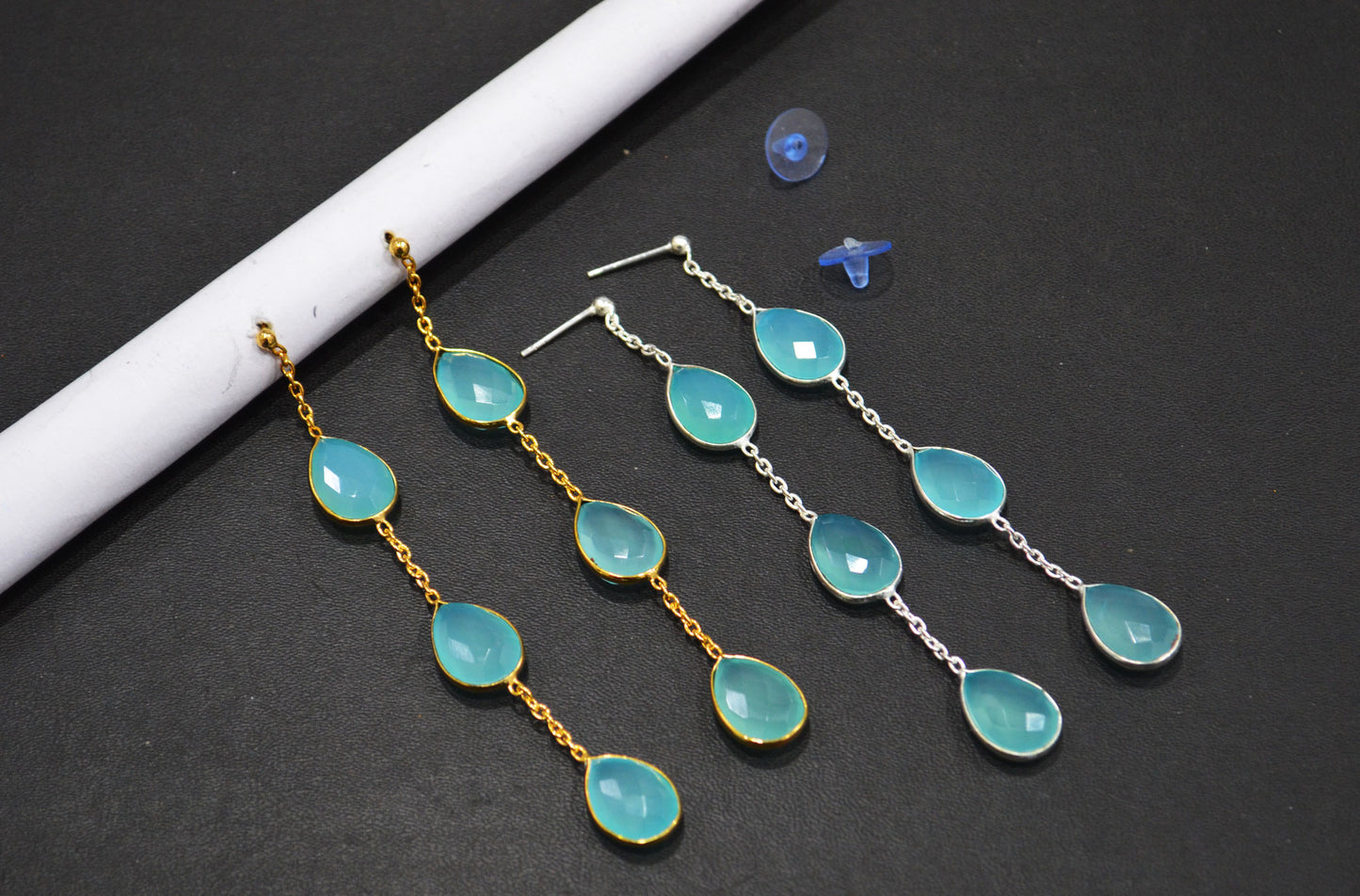 Aqua Chalcedony Fancy Shape Earrings , Aqua Chalcedony Pear Shape Gold Plated Brass Post Earrings , Women Earrings , 11x15 mm , RB-7438
