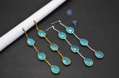Aqua Chalcedony Fancy Shape Earrings , Aqua Chalcedony Pear Shape Gold Plated Brass Post Earrings , Women Earrings , 11x15 mm , RB-7438