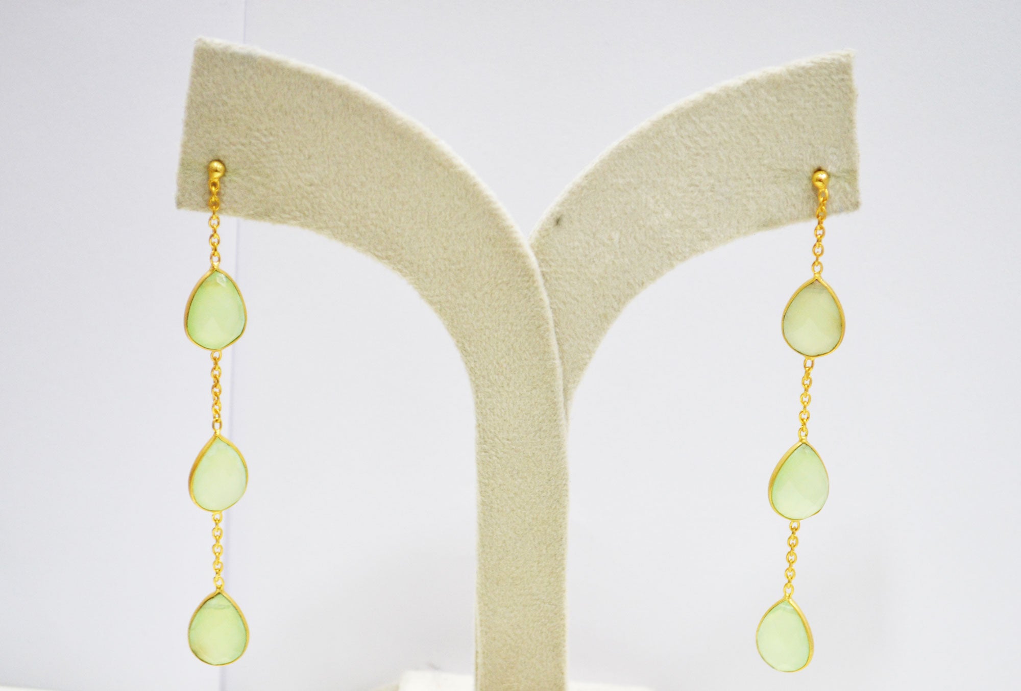 Prehnite Chalcedony Fancy Shape Earrings , Prehnite Chalcedony Pear Shape Gold Plated Brass Post Earrings , Women Earrings , 11x15 mm , RB-7439