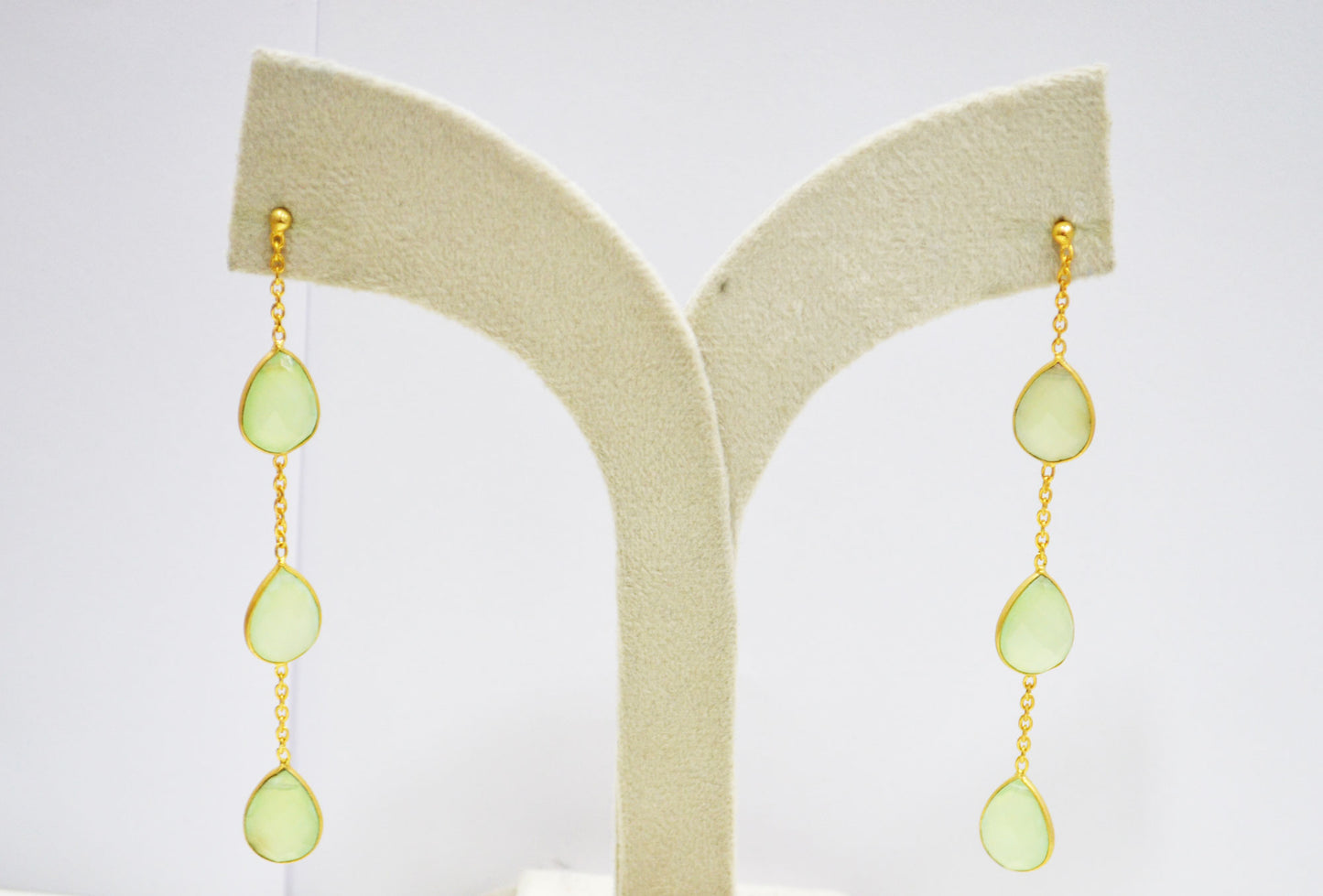 Prehnite Chalcedony Fancy Shape Earrings , Prehnite Chalcedony Pear Shape Gold Plated Brass Post Earrings , Women Earrings , 11x15 mm , RB-7439