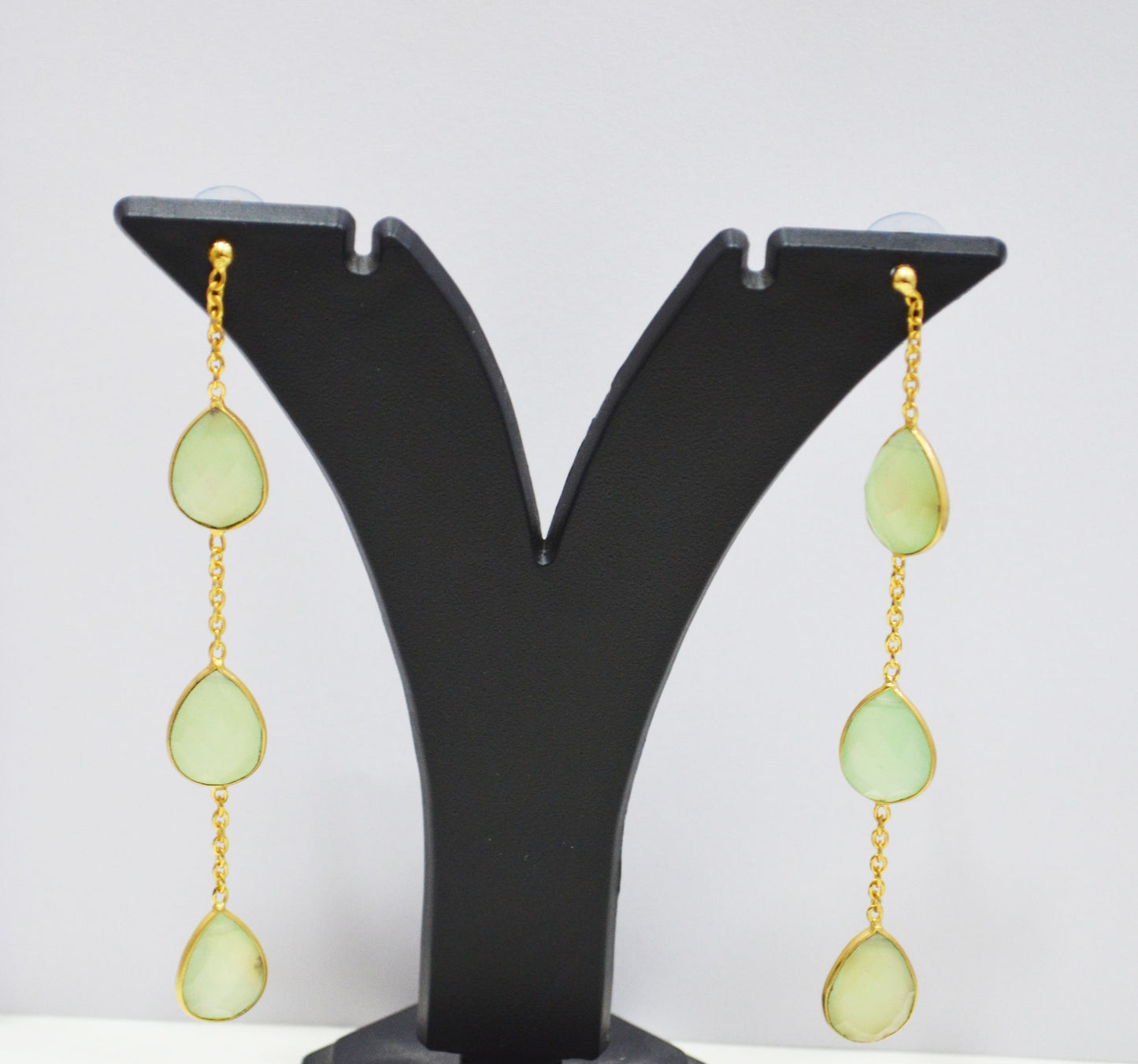 Prehnite Chalcedony Fancy Shape Earrings , Prehnite Chalcedony Pear Shape Gold Plated Brass Post Earrings , Women Earrings , 11x15 mm , RB-7439