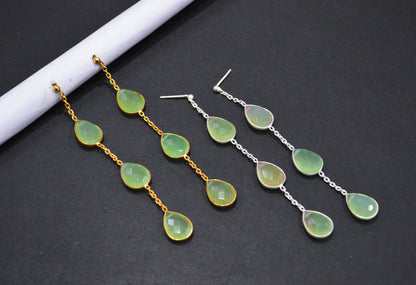 Prehnite Chalcedony Fancy Shape Earrings , Prehnite Chalcedony Pear Shape Gold Plated Brass Post Earrings , Women Earrings , 11x15 mm , RB-7439