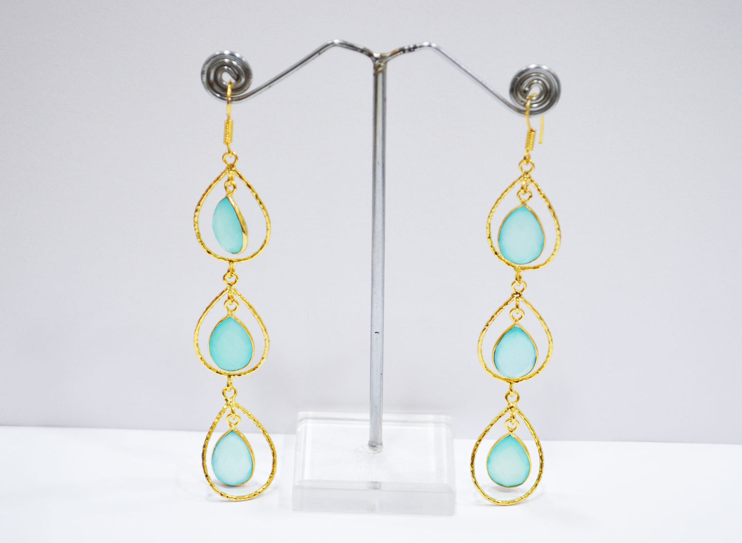 Aqua Chalcedony Fancy Shape Earrings , Aqua Chalcedony Pear Shape Gold Plated Brass Dangle Earrings , Women Earrings , 11x15 mm , RB-7440