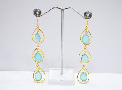 Aqua Chalcedony Fancy Shape Earrings , Aqua Chalcedony Pear Shape Gold Plated Brass Dangle Earrings , Women Earrings , 11x15 mm , RB-7440