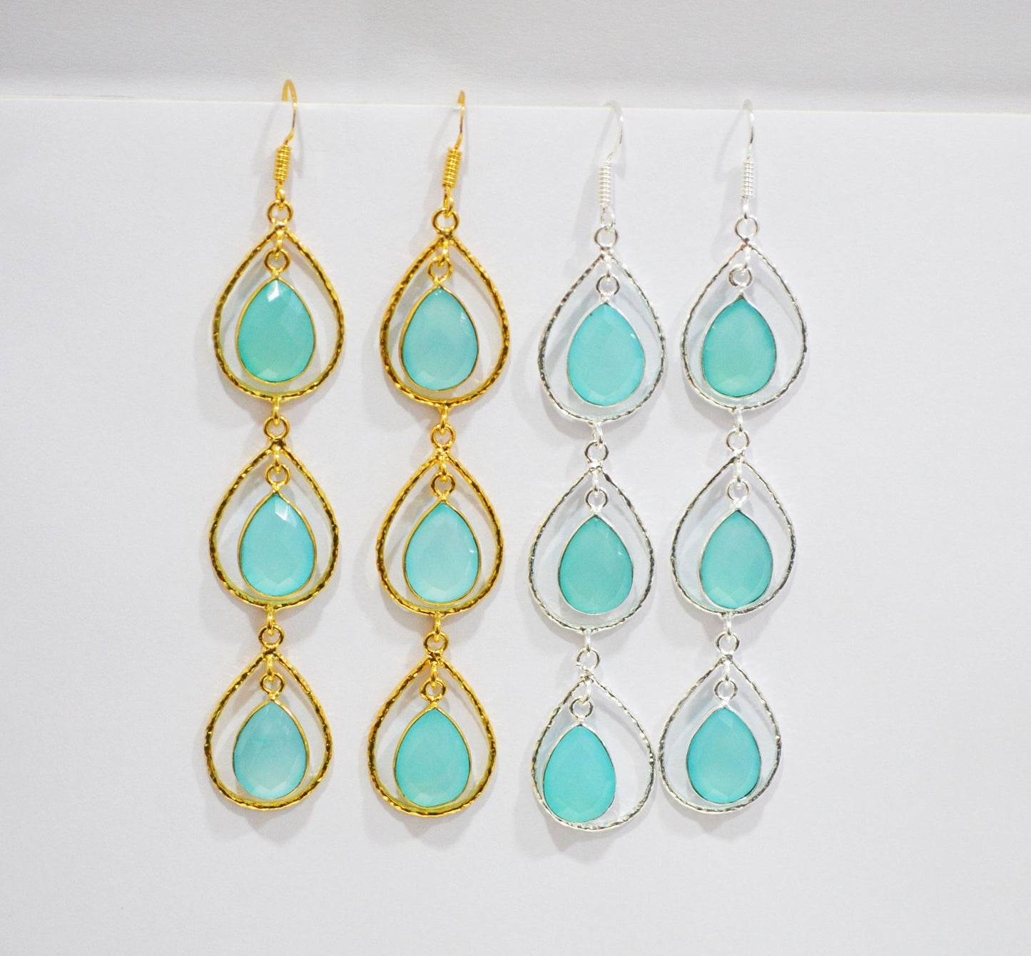 Aqua Chalcedony Fancy Shape Earrings , Aqua Chalcedony Pear Shape Gold Plated Brass Dangle Earrings , Women Earrings , 11x15 mm , RB-7440