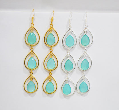 Aqua Chalcedony Fancy Shape Earrings , Aqua Chalcedony Pear Shape Gold Plated Brass Dangle Earrings , Women Earrings , 11x15 mm , RB-7440