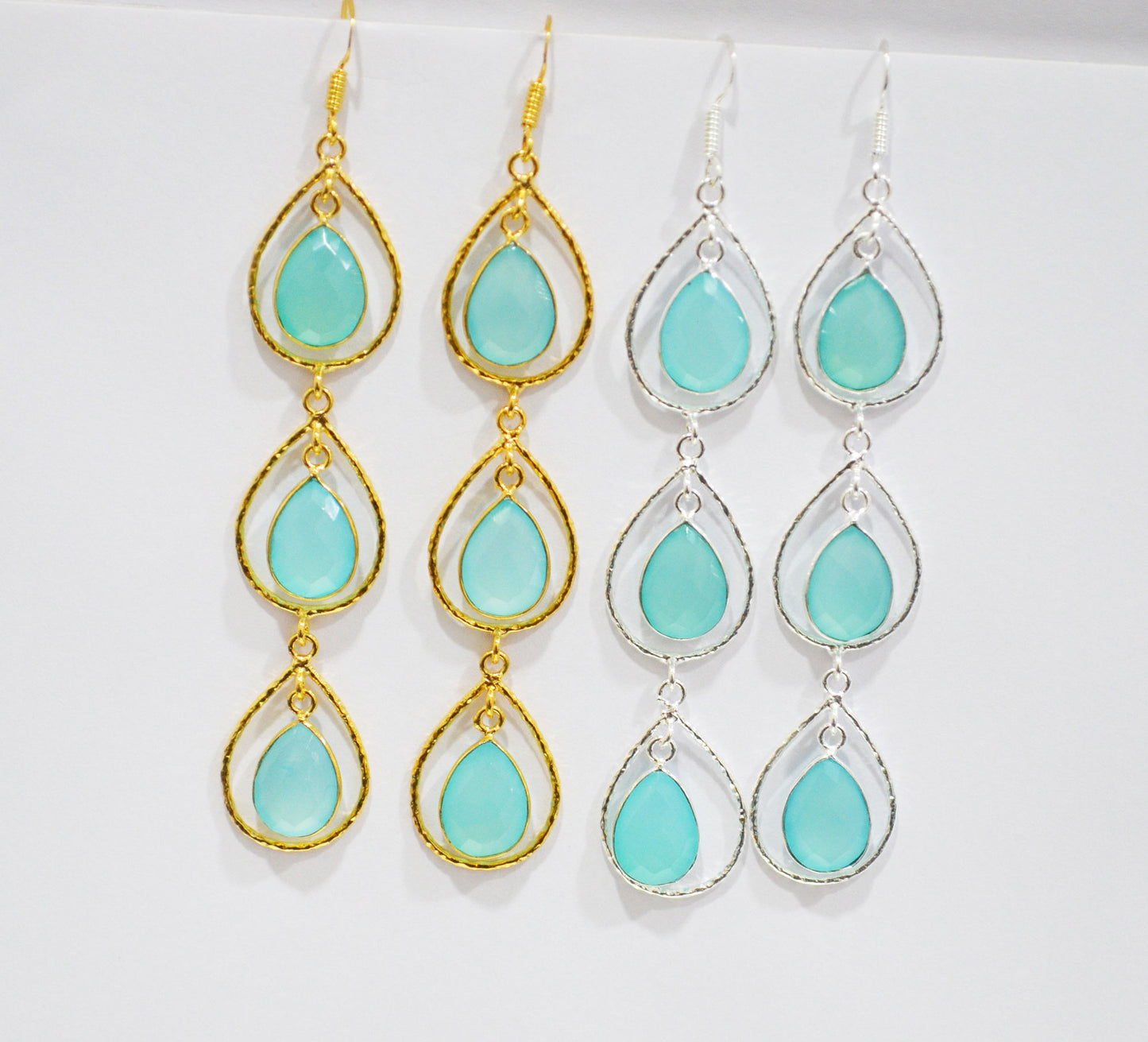 Aqua Chalcedony Fancy Shape Earrings , Aqua Chalcedony Pear Shape Gold Plated Brass Dangle Earrings , Women Earrings , 11x15 mm , RB-7440