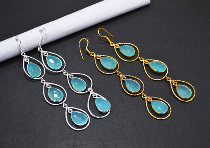 Aqua Chalcedony Fancy Shape Earrings , Aqua Chalcedony Pear Shape Gold Plated Brass Dangle Earrings , Women Earrings , 11x15 mm , RB-7440