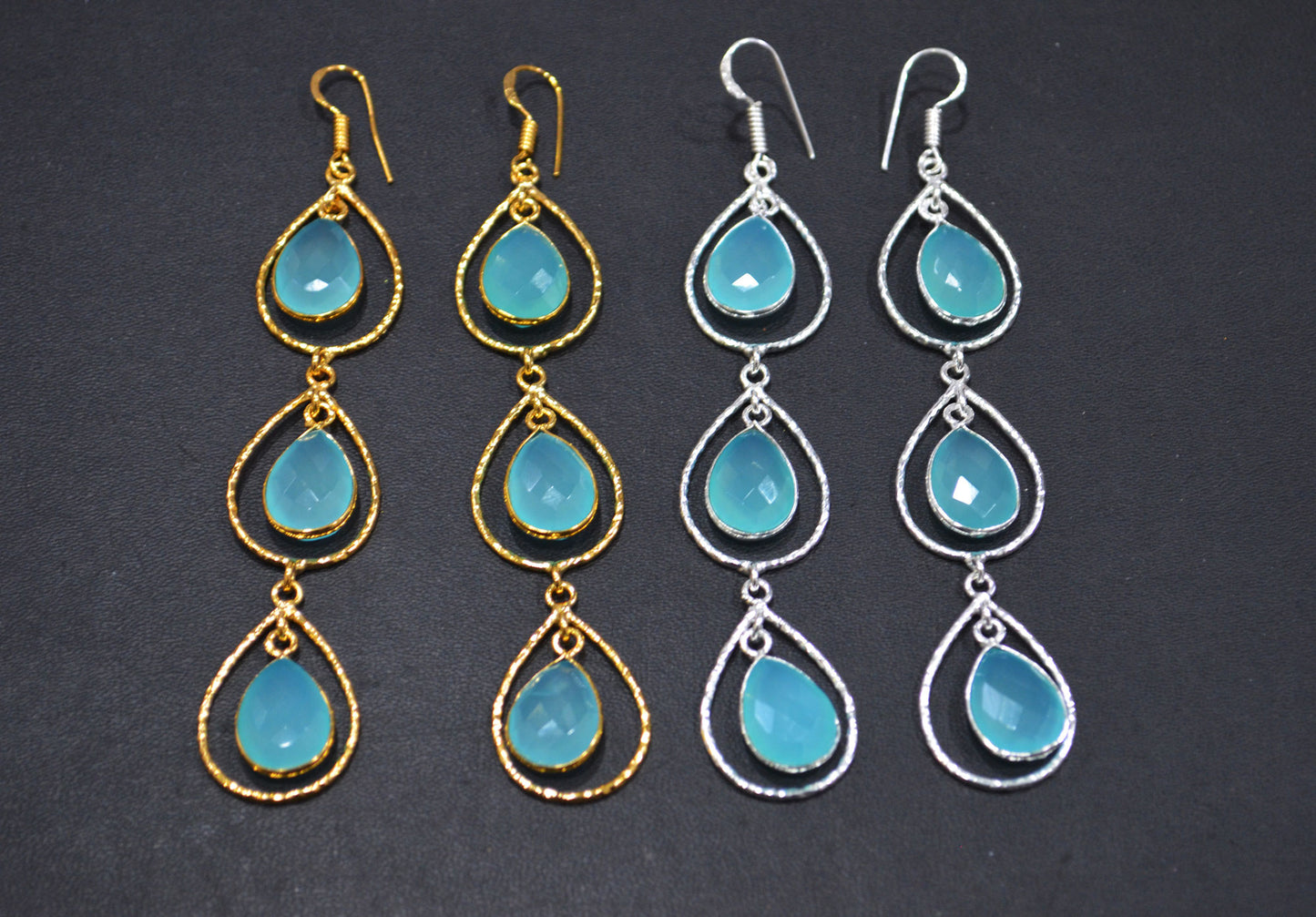 Aqua Chalcedony Fancy Shape Earrings , Aqua Chalcedony Pear Shape Gold Plated Brass Dangle Earrings , Women Earrings , 11x15 mm , RB-7440