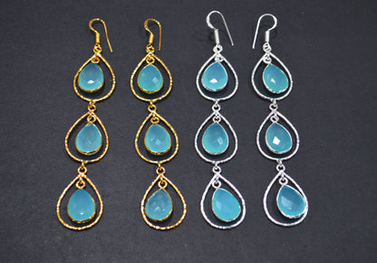 Aqua Chalcedony Fancy Shape Earrings , Aqua Chalcedony Pear Shape Gold Plated Brass Dangle Earrings , Women Earrings , 11x15 mm , RB-7440