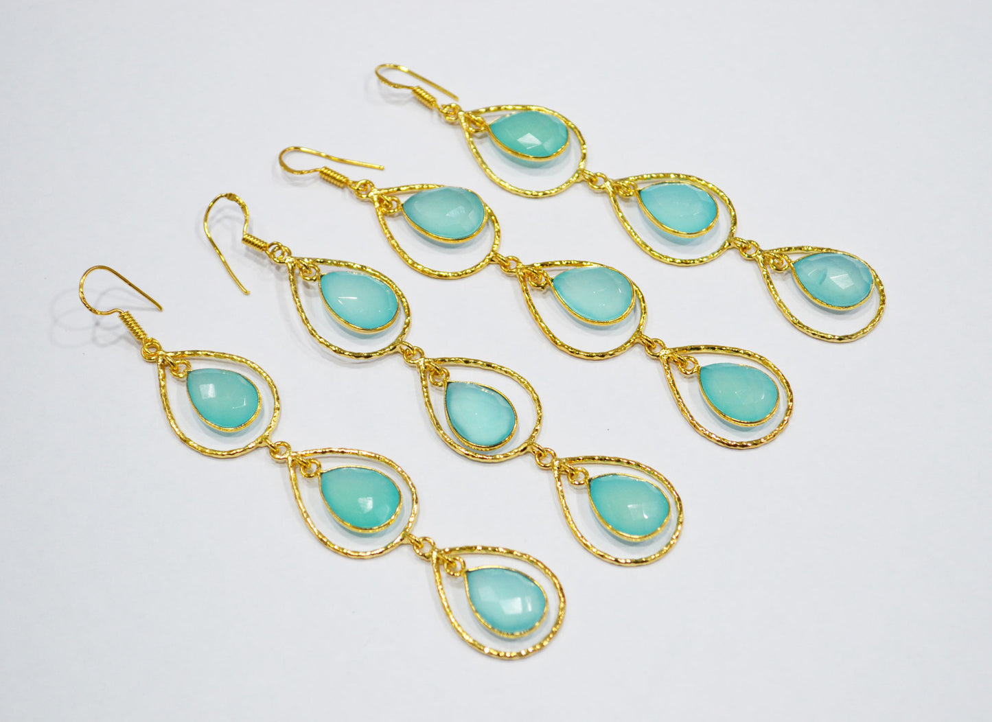 Aqua Chalcedony Fancy Shape Earrings , Aqua Chalcedony Pear Shape Gold Plated Brass Dangle Earrings , Women Earrings , 11x15 mm , RB-7440