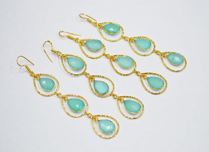 Aqua Chalcedony Fancy Shape Earrings , Aqua Chalcedony Pear Shape Gold Plated Brass Dangle Earrings , Women Earrings , 11x15 mm , RB-7440