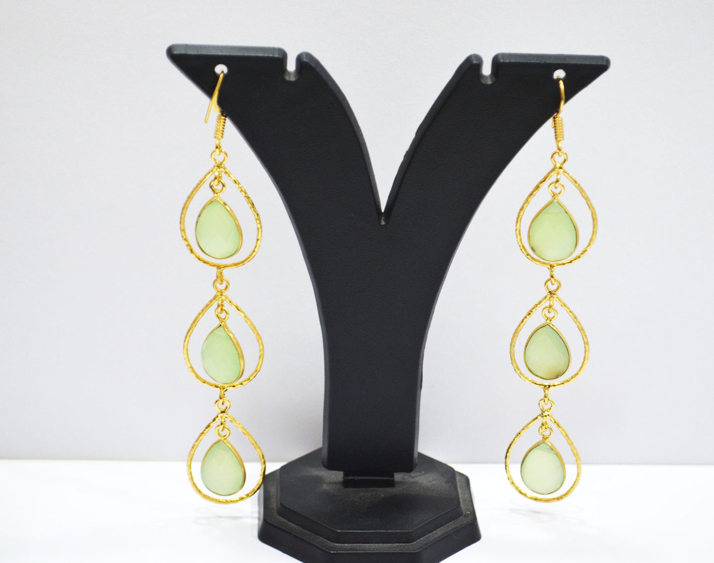 Prehnite Chalcedony Fancy Shape Earrings , Prehnite Chalcedony Pear Shape Gold Plated Brass Dangle Earrings , Women Earrings , 11x15 mm , RB-7441