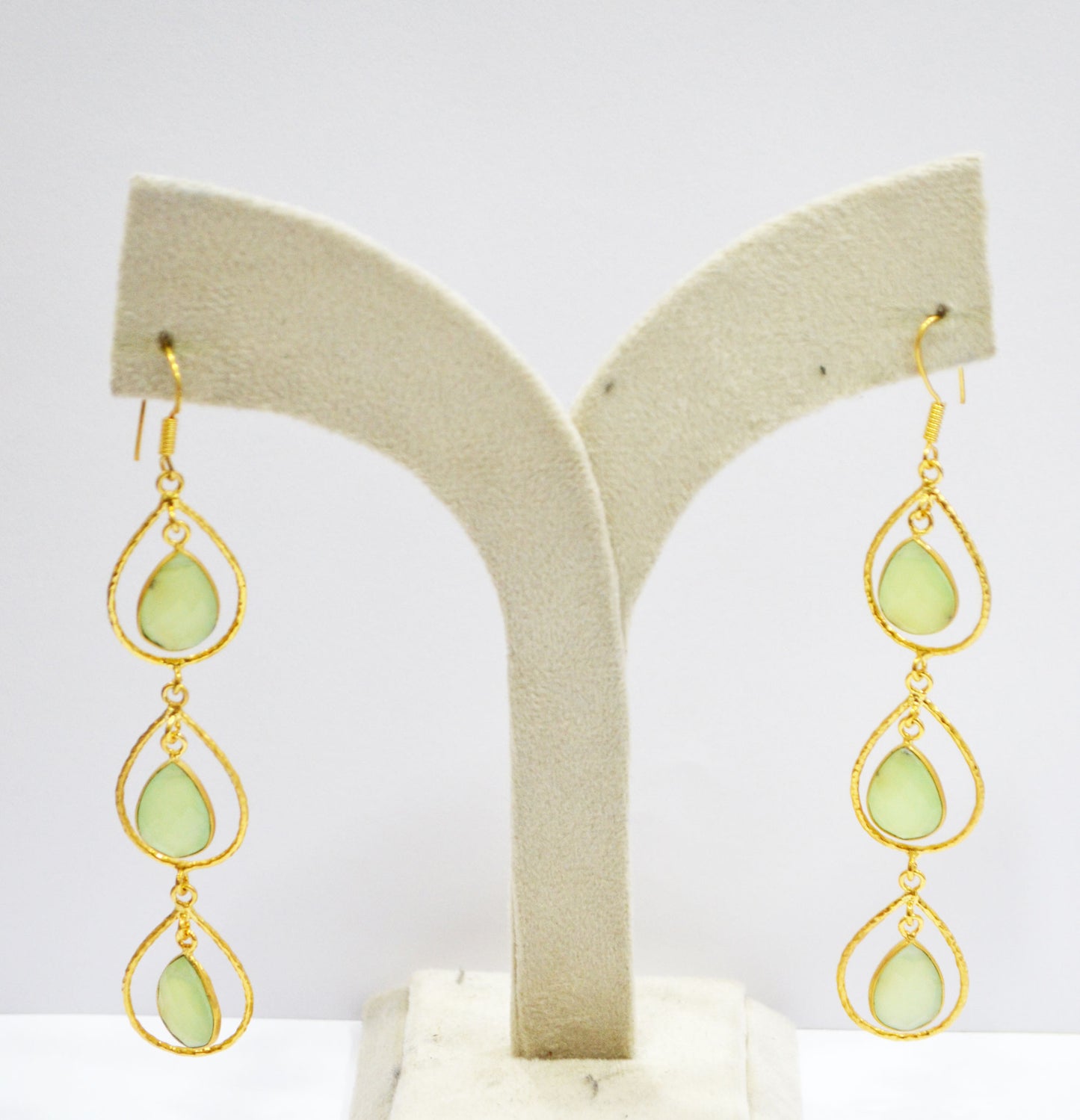 Prehnite Chalcedony Fancy Shape Earrings , Prehnite Chalcedony Pear Shape Gold Plated Brass Dangle Earrings , Women Earrings , 11x15 mm , RB-7441