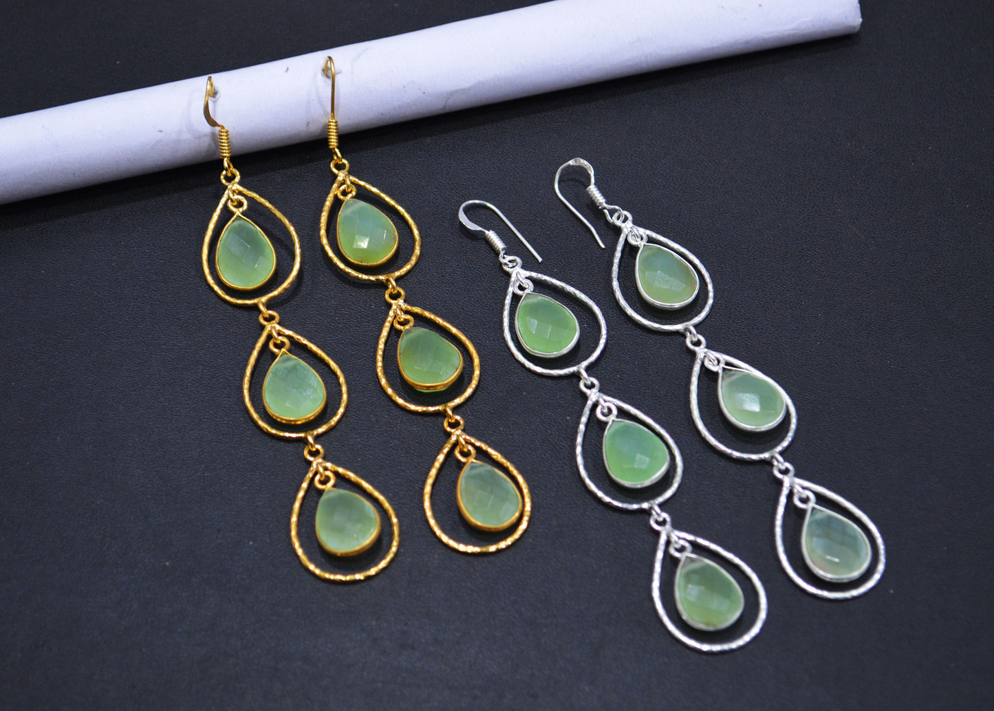 Prehnite Chalcedony Fancy Shape Earrings , Prehnite Chalcedony Pear Shape Gold Plated Brass Dangle Earrings , Women Earrings , 11x15 mm , RB-7441