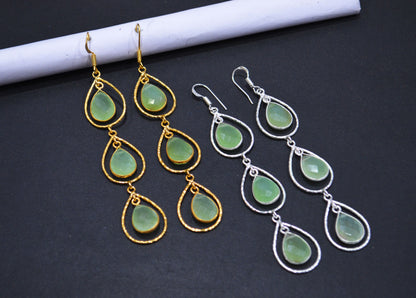 Prehnite Chalcedony Fancy Shape Earrings , Prehnite Chalcedony Pear Shape Gold Plated Brass Dangle Earrings , Women Earrings , 11x15 mm , RB-7441