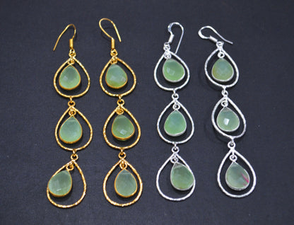 Prehnite Chalcedony Fancy Shape Earrings , Prehnite Chalcedony Pear Shape Gold Plated Brass Dangle Earrings , Women Earrings , 11x15 mm , RB-7441