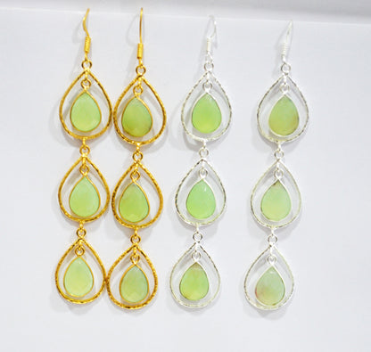 Prehnite Chalcedony Fancy Shape Earrings , Prehnite Chalcedony Pear Shape Gold Plated Brass Dangle Earrings , Women Earrings , 11x15 mm , RB-7441