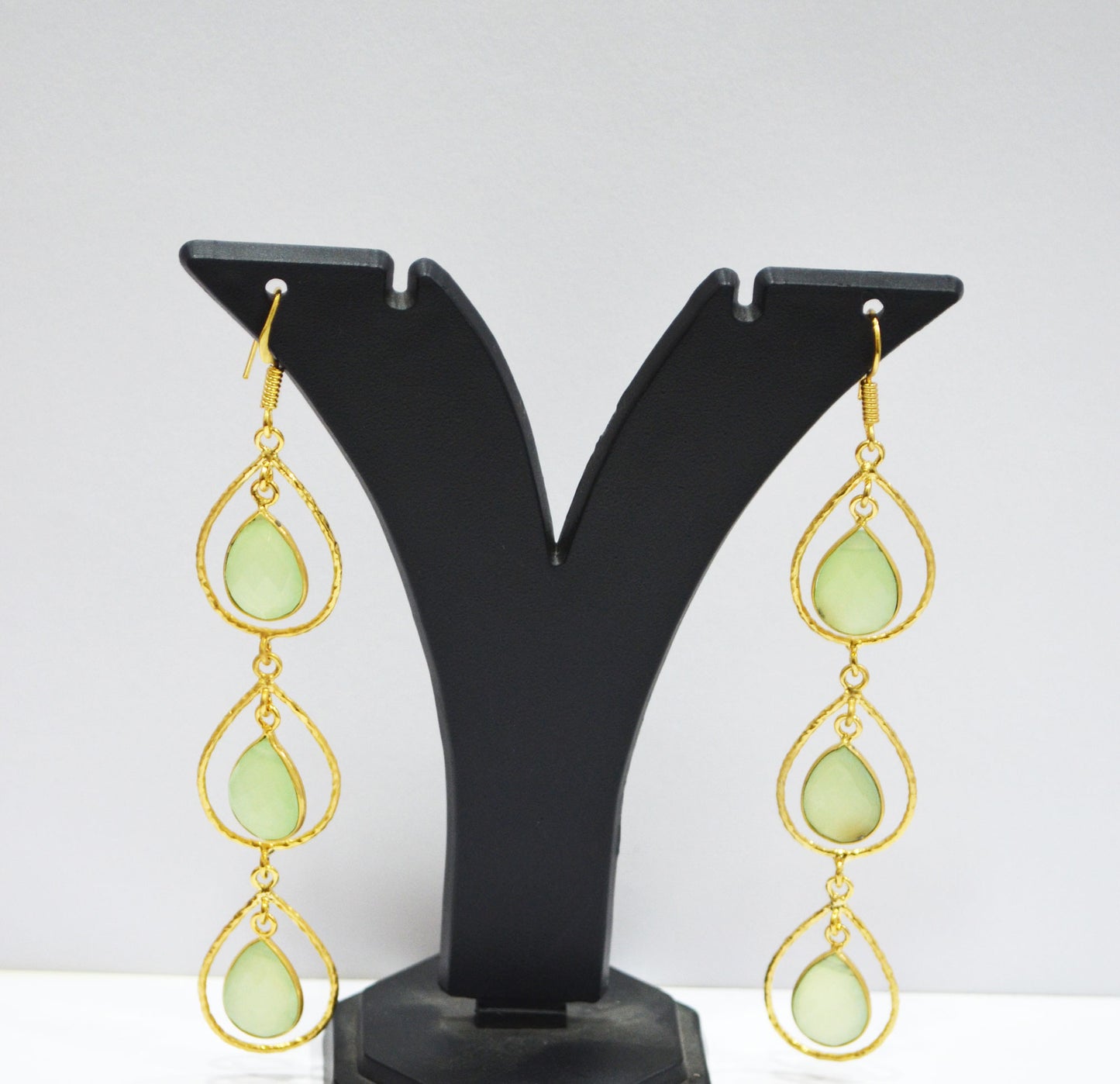 Prehnite Chalcedony Fancy Shape Earrings , Prehnite Chalcedony Pear Shape Gold Plated Brass Dangle Earrings , Women Earrings , 11x15 mm , RB-7441