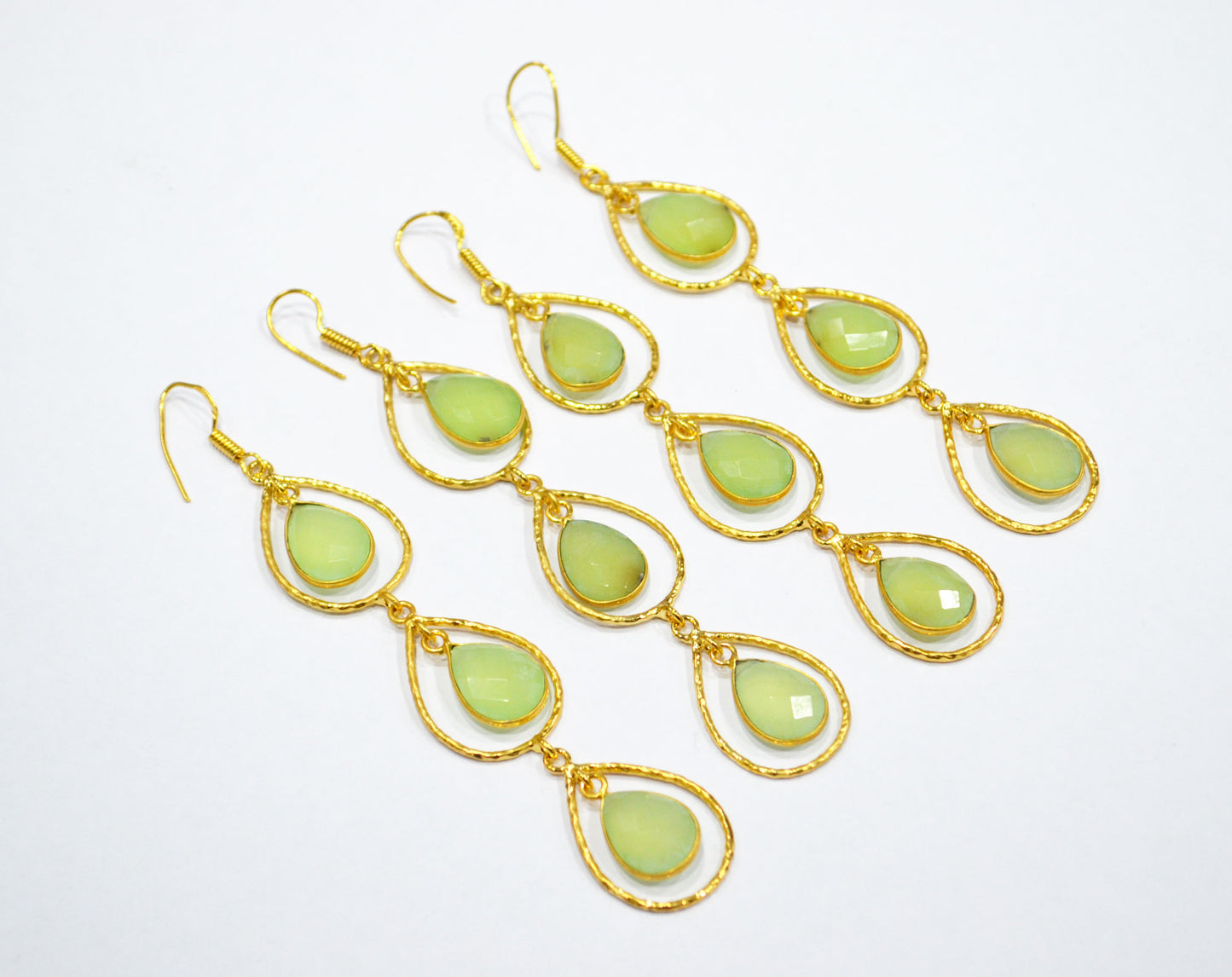 Prehnite Chalcedony Fancy Shape Earrings , Prehnite Chalcedony Pear Shape Gold Plated Brass Dangle Earrings , Women Earrings , 11x15 mm , RB-7441