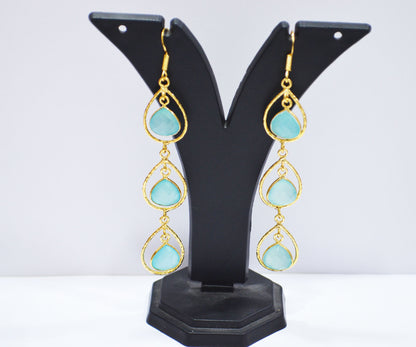 Aqua Chalcedony Fancy Shape Earrings , Aqua Chalcedony Heart Shape Gold Plated Brass Dangle Earrings , Women Earrings , 11 mm , RB-7442