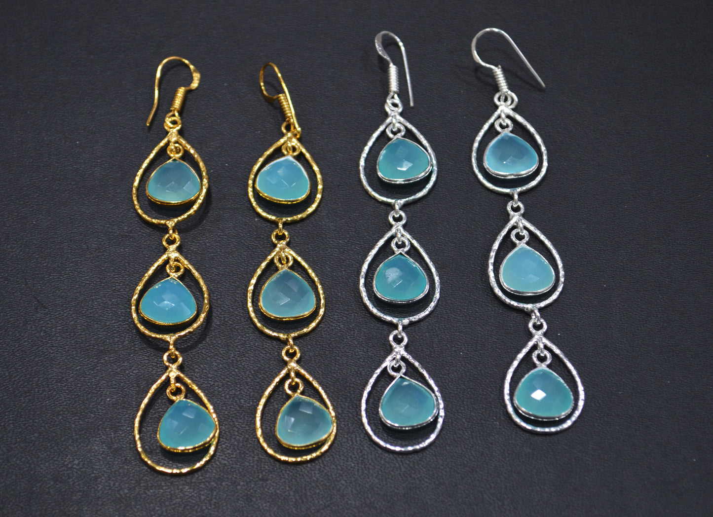 Aqua Chalcedony Fancy Shape Earrings , Aqua Chalcedony Heart Shape Gold Plated Brass Dangle Earrings , Women Earrings , 11 mm , RB-7442