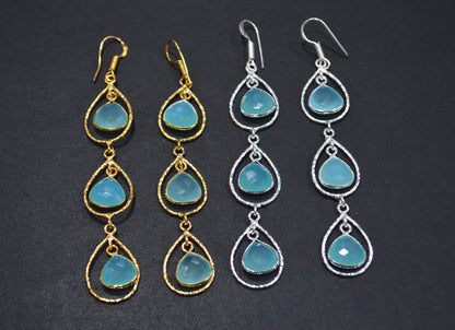 Aqua Chalcedony Fancy Shape Earrings , Aqua Chalcedony Heart Shape Gold Plated Brass Dangle Earrings , Women Earrings , 11 mm , RB-7442