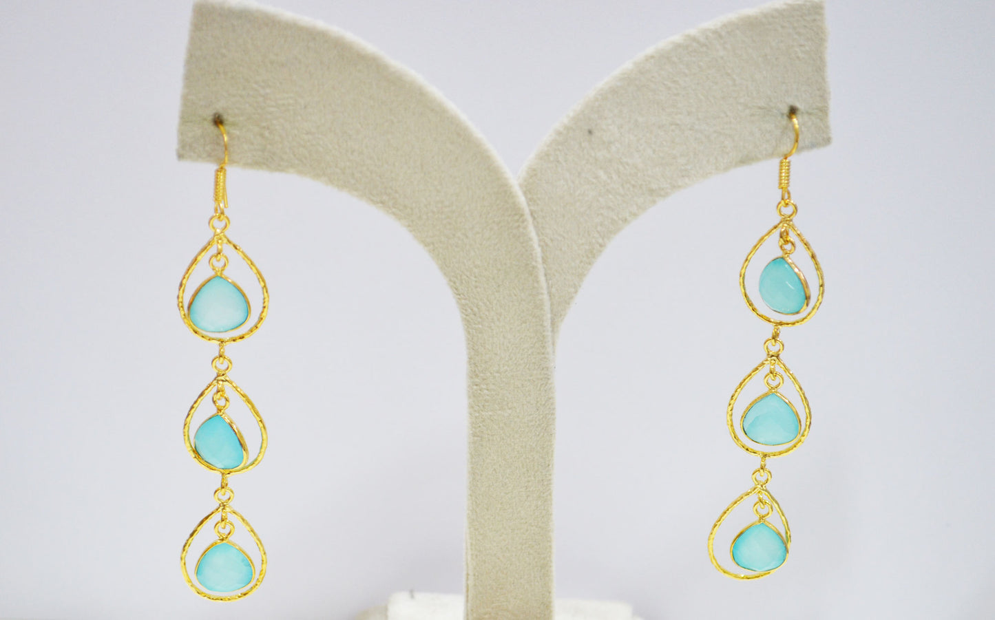 Aqua Chalcedony Fancy Shape Earrings , Aqua Chalcedony Heart Shape Gold Plated Brass Dangle Earrings , Women Earrings , 11 mm , RB-7442