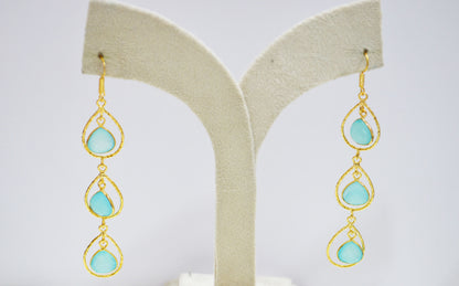 Aqua Chalcedony Fancy Shape Earrings , Aqua Chalcedony Heart Shape Gold Plated Brass Dangle Earrings , Women Earrings , 11 mm , RB-7442