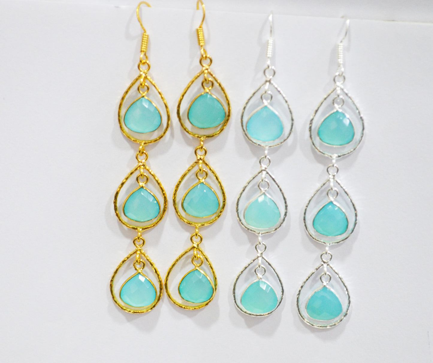 Aqua Chalcedony Fancy Shape Earrings , Aqua Chalcedony Heart Shape Gold Plated Brass Dangle Earrings , Women Earrings , 11 mm , RB-7442