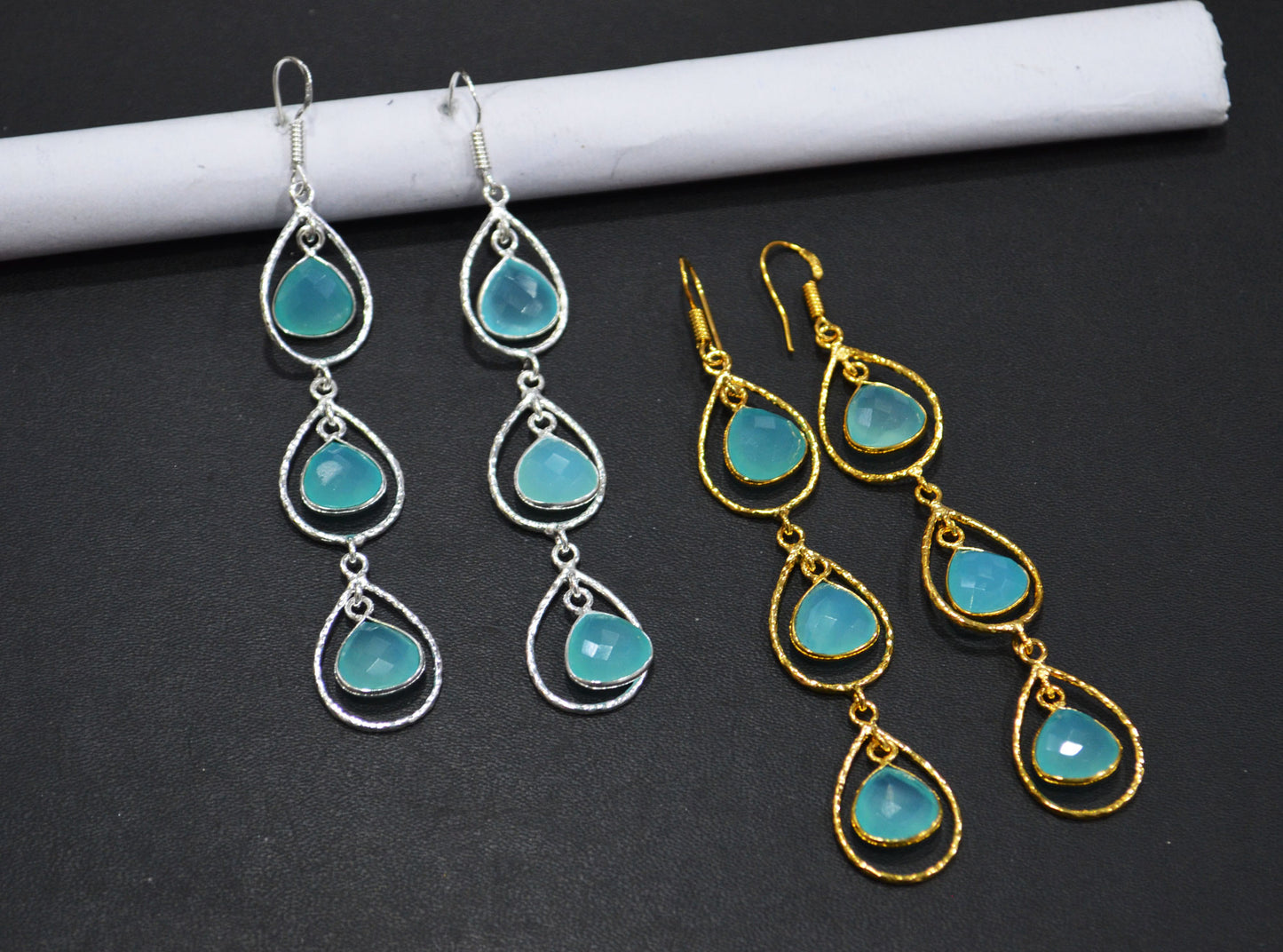 Aqua Chalcedony Fancy Shape Earrings , Aqua Chalcedony Heart Shape Gold Plated Brass Dangle Earrings , Women Earrings , 11 mm , RB-7442