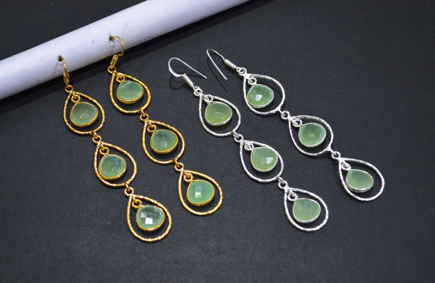 Prehnite Chalcedony Fancy Shape Earrings , Prehnite Chalcedony Heart Shape Gold Plated Brass Dangle Earrings , Women Earrings , 11 mm , RB-7443