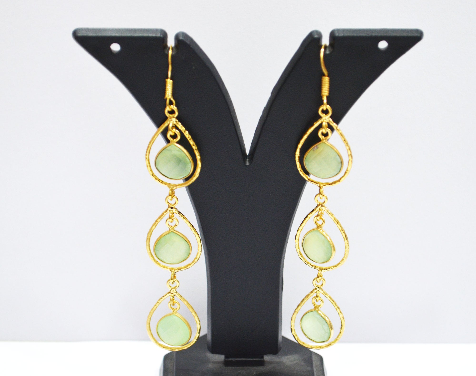 Prehnite Chalcedony Fancy Shape Earrings , Prehnite Chalcedony Heart Shape Gold Plated Brass Dangle Earrings , Women Earrings , 11 mm , RB-7443