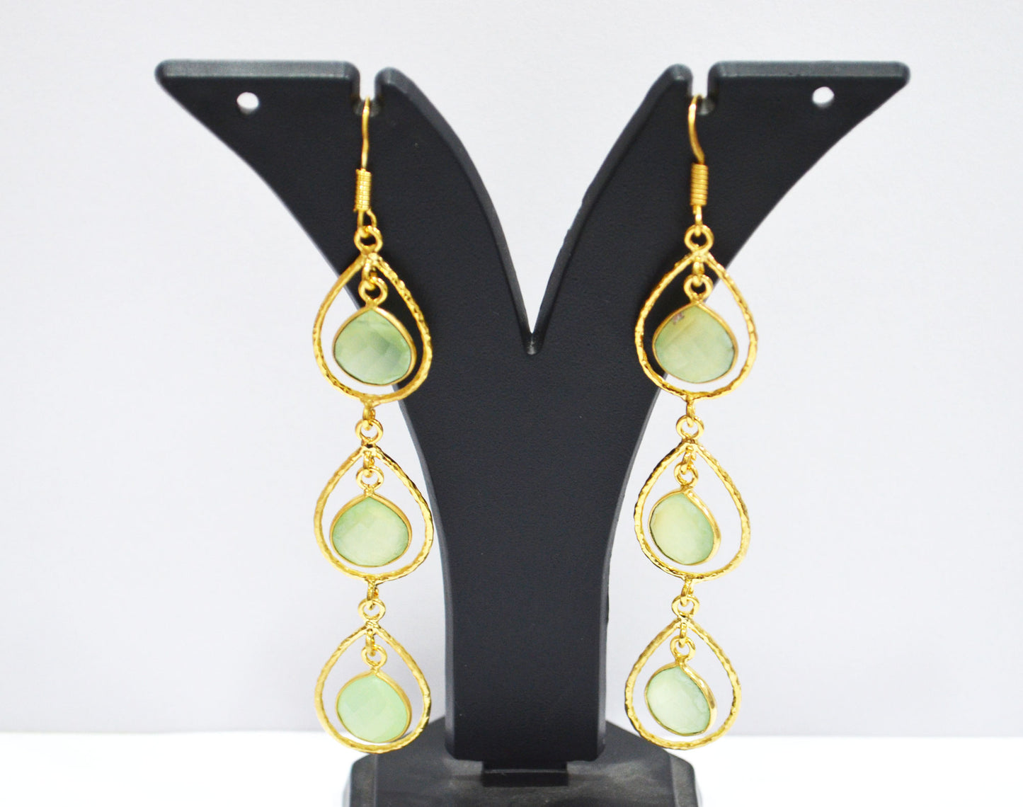 Prehnite Chalcedony Fancy Shape Earrings , Prehnite Chalcedony Heart Shape Gold Plated Brass Dangle Earrings , Women Earrings , 11 mm , RB-7443