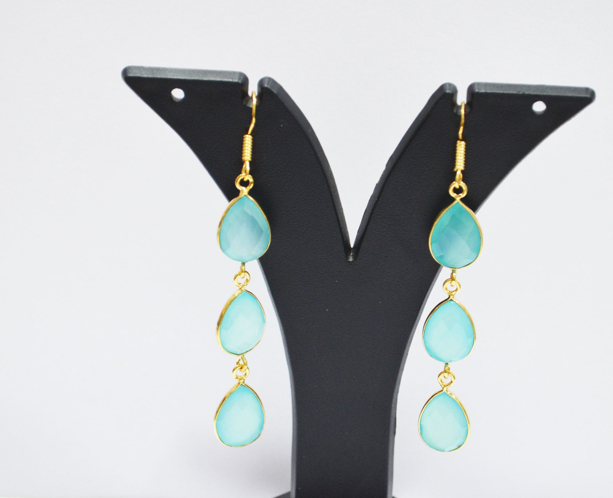 Aqua Chalcedony Fancy Shape Earrings , Aqua Chalcedony Pear Shape Gold Plated Brass Dangle Earrings , Women Earrings , 11x15 mm , RB-7444