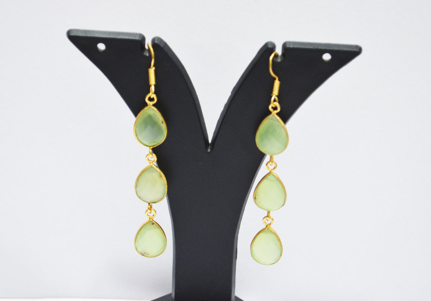 Prehnite Chalcedony Fancy Shape Earrings , Prehnite Chalcedony Pear Shape Gold Plated Brass Dangle Earrings , Women Earrings , 11x15 mm , RB-7445