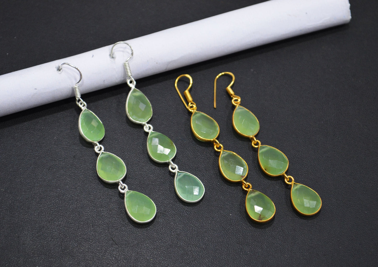 Prehnite Chalcedony Fancy Shape Earrings , Prehnite Chalcedony Pear Shape Gold Plated Brass Dangle Earrings , Women Earrings , 11x15 mm , RB-7445