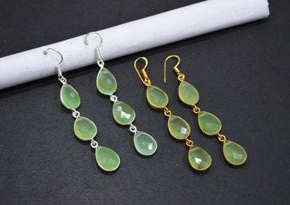 Prehnite Chalcedony Fancy Shape Earrings , Prehnite Chalcedony Pear Shape Gold Plated Brass Dangle Earrings , Women Earrings , 11x15 mm , RB-7445