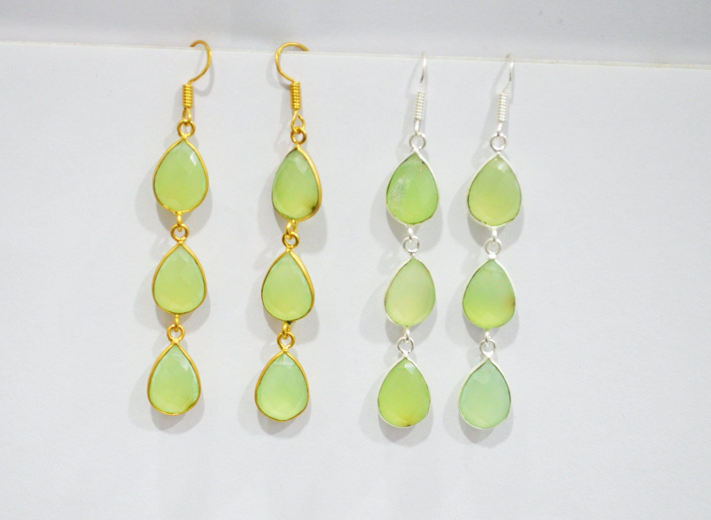 Prehnite Chalcedony Fancy Shape Earrings , Prehnite Chalcedony Pear Shape Gold Plated Brass Dangle Earrings , Women Earrings , 11x15 mm , RB-7445