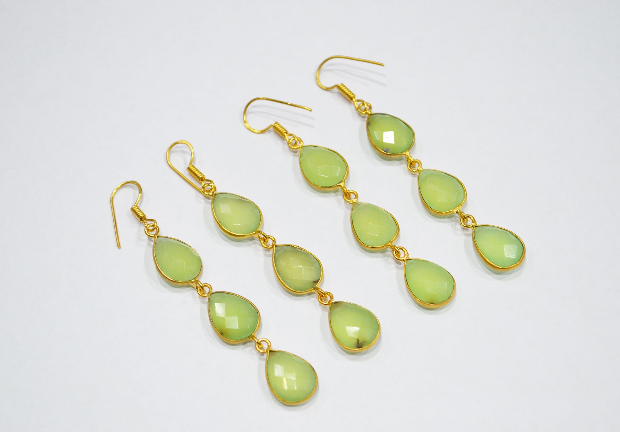 Prehnite Chalcedony Fancy Shape Earrings , Prehnite Chalcedony Pear Shape Gold Plated Brass Dangle Earrings , Women Earrings , 11x15 mm , RB-7445