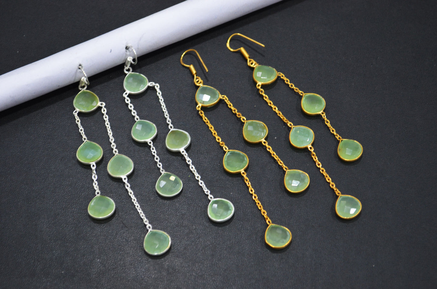 Prehnite Chalcedony Fancy Shape Earrings , Prehnite Chalcedony Heart Shape Gold Plated Brass Dangle Earrings , Women Earrings , 11 mm , RB-7446