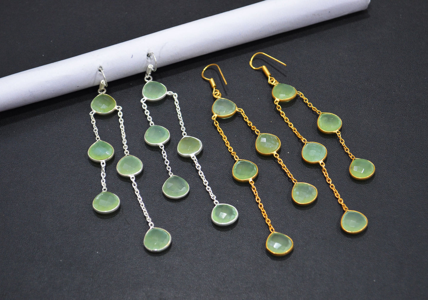 Prehnite Chalcedony Fancy Shape Earrings , Prehnite Chalcedony Heart Shape Gold Plated Brass Dangle Earrings , Women Earrings , 11 mm , RB-7446