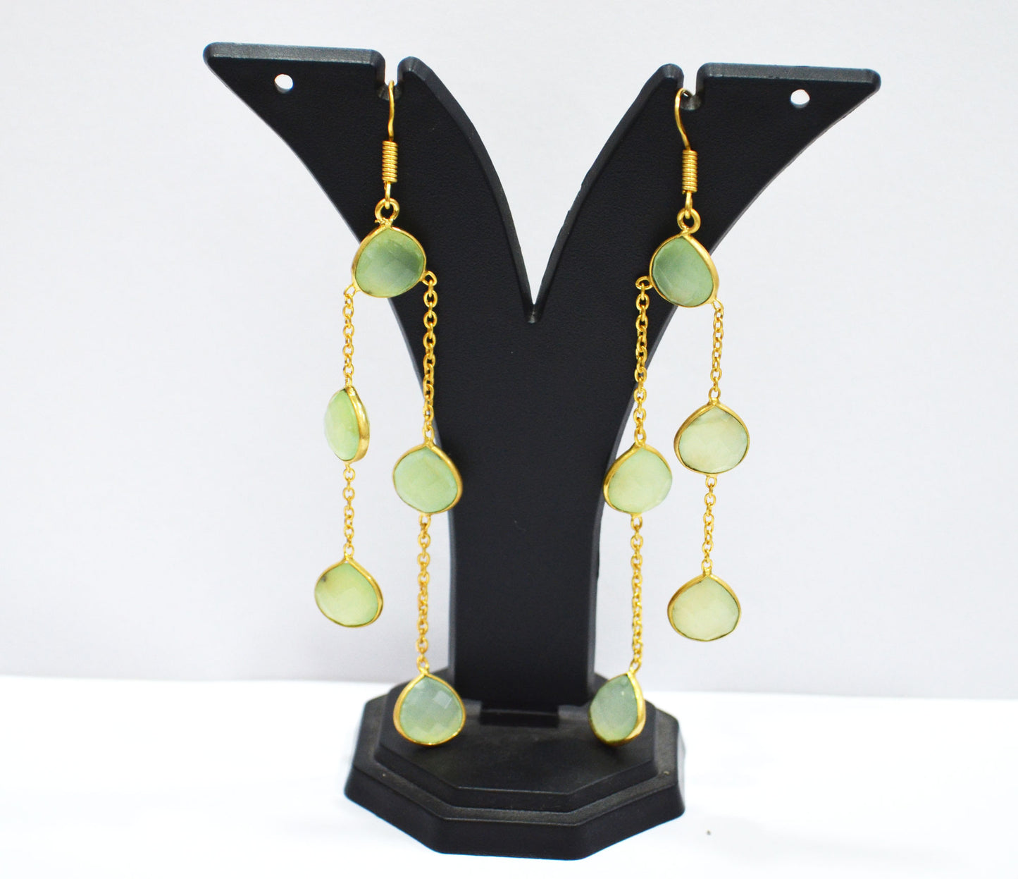 Prehnite Chalcedony Fancy Shape Earrings , Prehnite Chalcedony Heart Shape Gold Plated Brass Dangle Earrings , Women Earrings , 11 mm , RB-7446