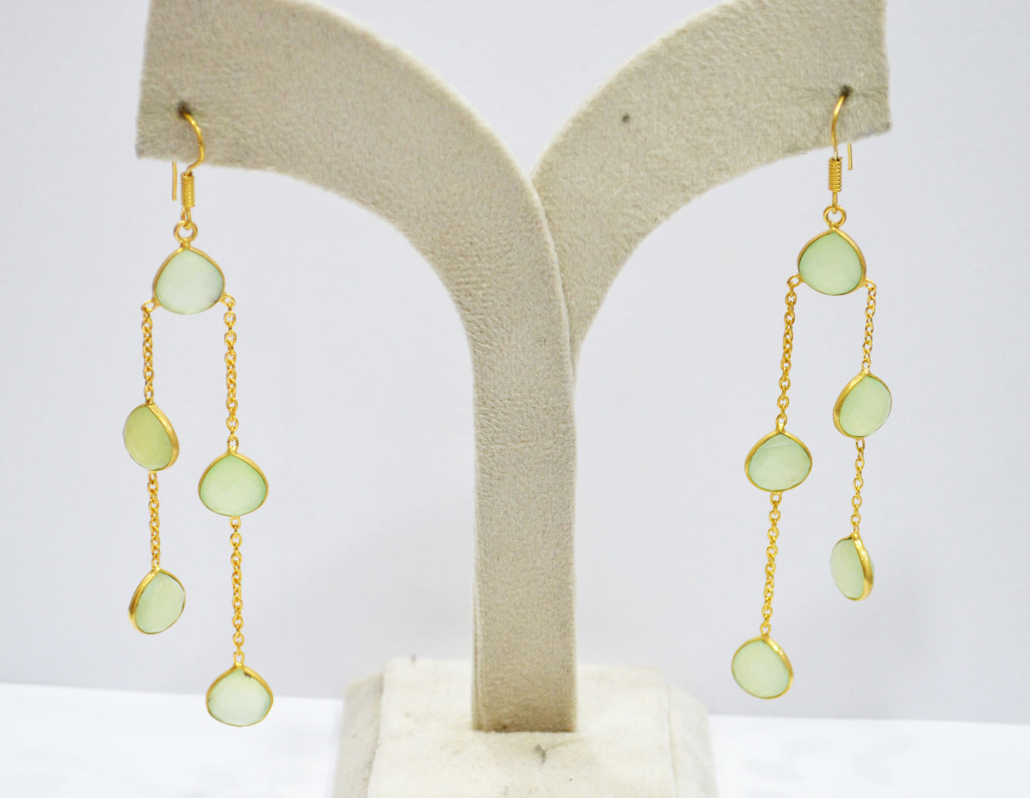 Prehnite Chalcedony Fancy Shape Earrings , Prehnite Chalcedony Heart Shape Gold Plated Brass Dangle Earrings , Women Earrings , 11 mm , RB-7446