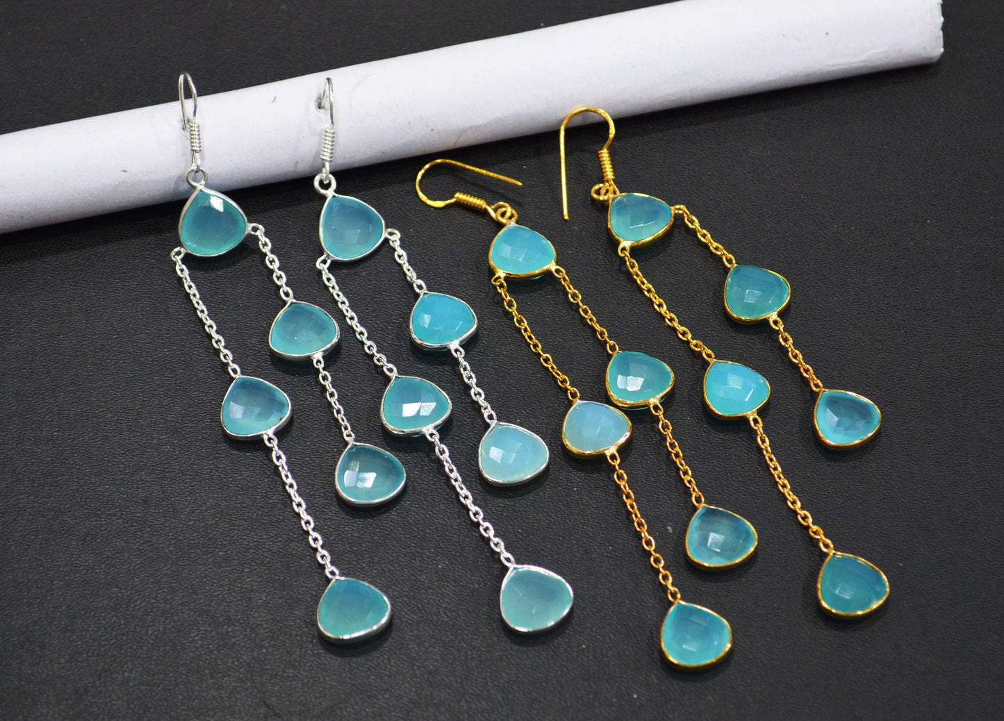 Aqua Chalcedony Fancy Shape Earrings , Aqua Chalcedony Heart Shape Gold Plated Brass Dangle Earrings , Women Earrings , 11 mm , RB-7447