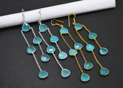 Aqua Chalcedony Fancy Shape Earrings , Aqua Chalcedony Heart Shape Gold Plated Brass Dangle Earrings , Women Earrings , 11 mm , RB-7447