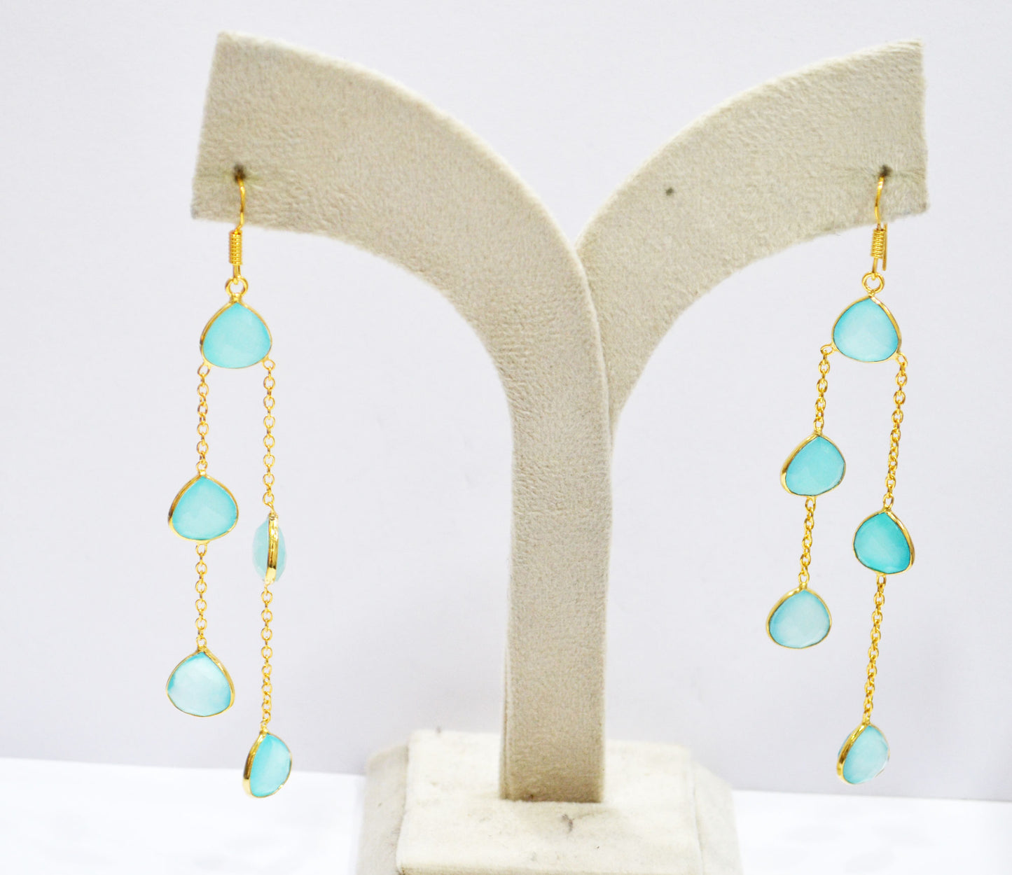 Aqua Chalcedony Fancy Shape Earrings , Aqua Chalcedony Heart Shape Gold Plated Brass Dangle Earrings , Women Earrings , 11 mm , RB-7447