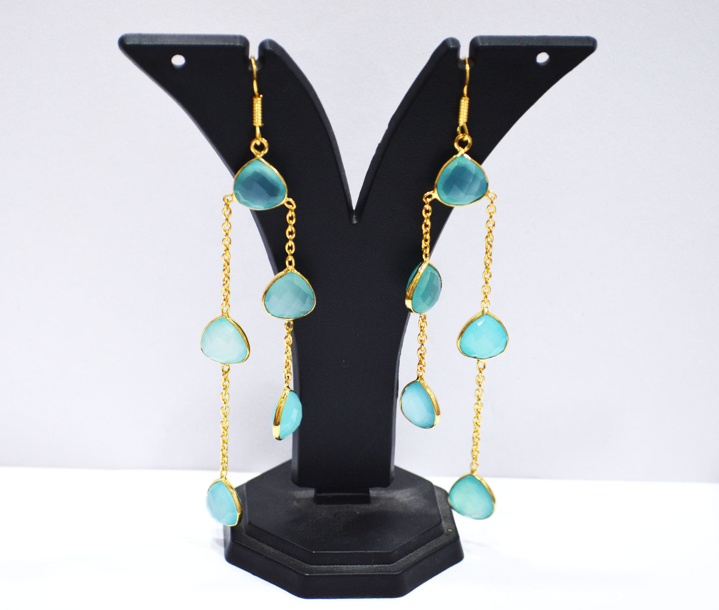 Aqua Chalcedony Fancy Shape Earrings , Aqua Chalcedony Heart Shape Gold Plated Brass Dangle Earrings , Women Earrings , 11 mm , RB-7447